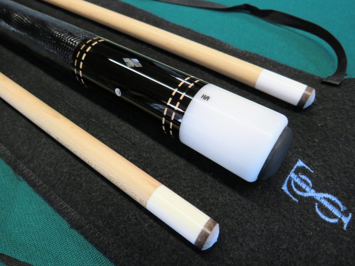 $2750 – Early logo Tim Scruggs cue – ivory joint
