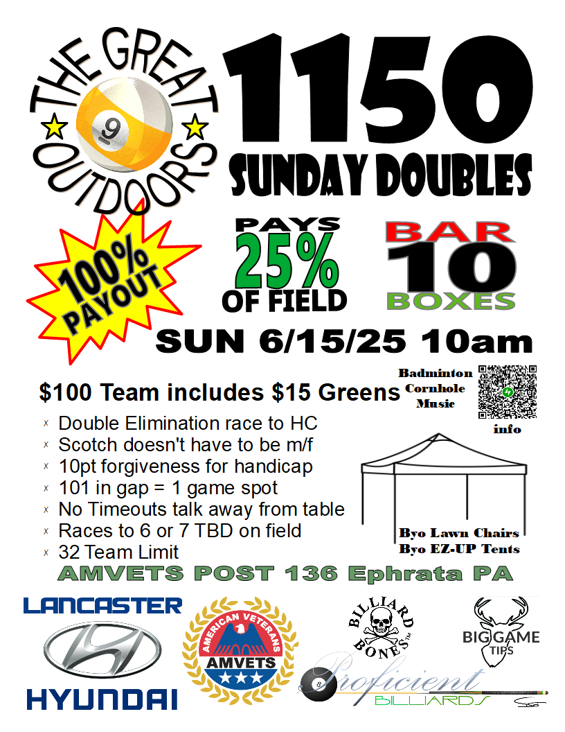 THE GREAT OUTDOORS Pool Tournament - 1150 Sunday Doubles